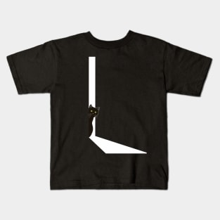 Black Cat Leaning Out of Door Kids T-Shirt